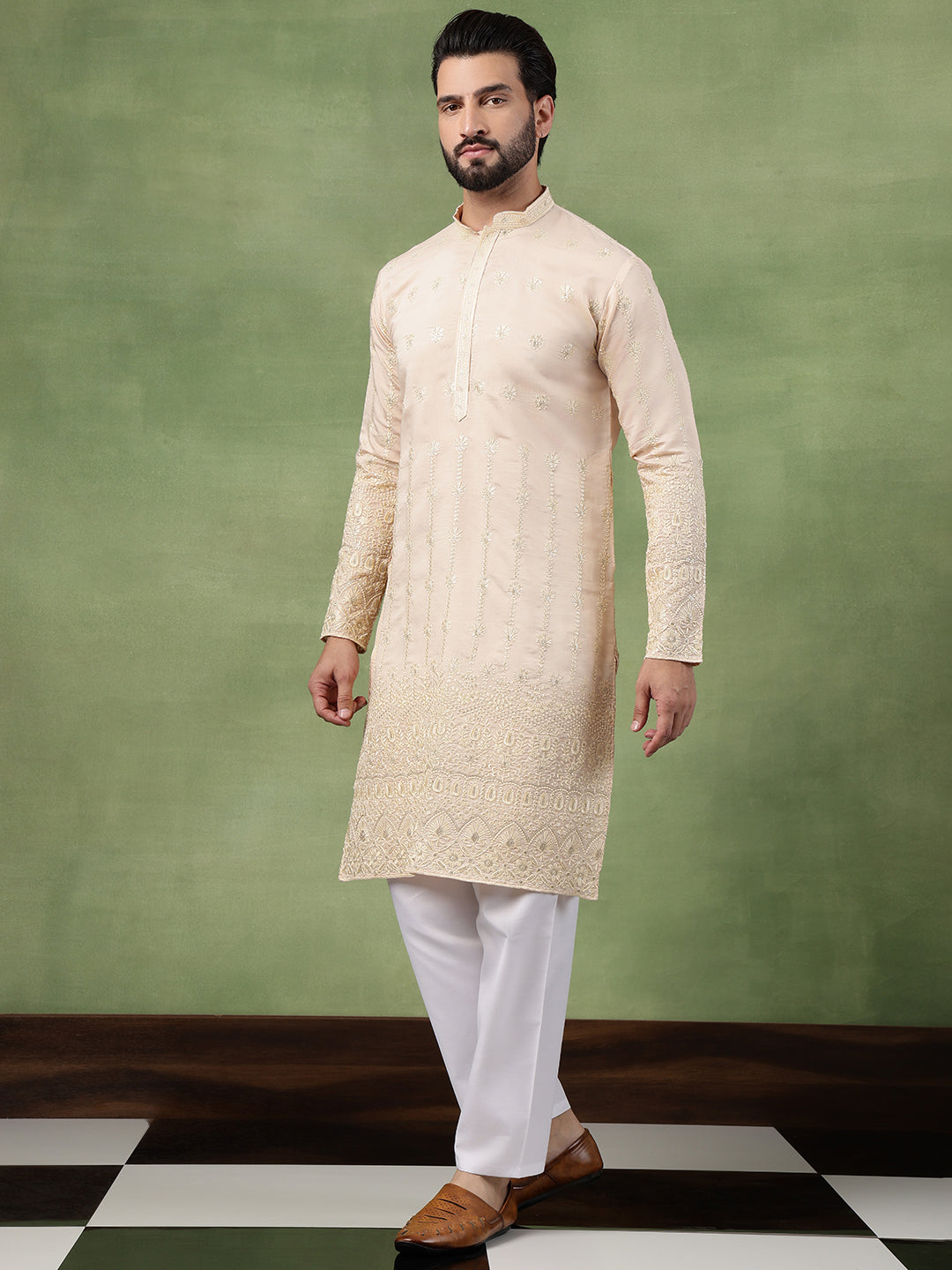 Men's Cotton Schiffli Embroidered Beige Kurta With Pyjama
