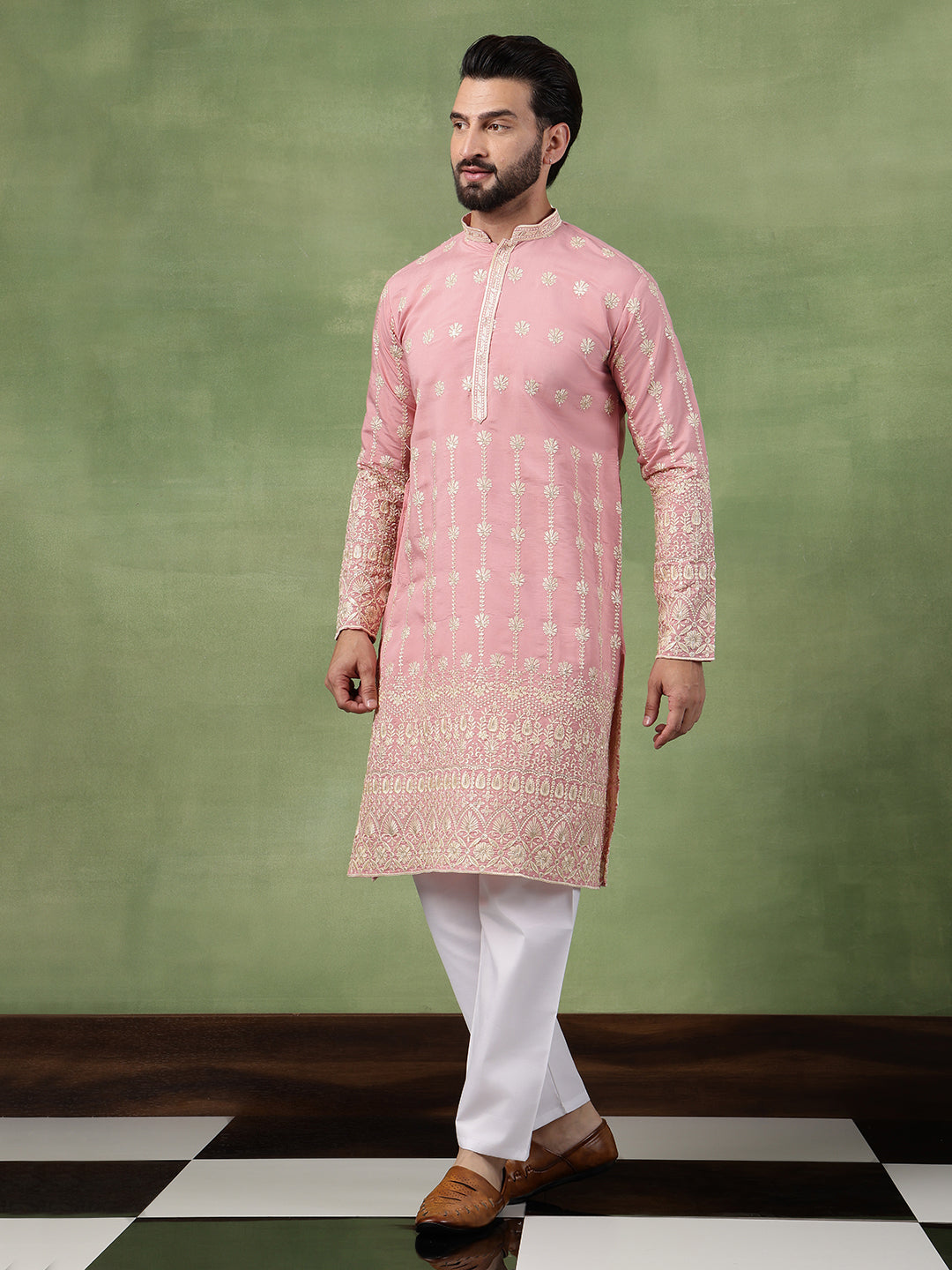 Men's Cotton Schiffli Embroidered Pink Long Kurta