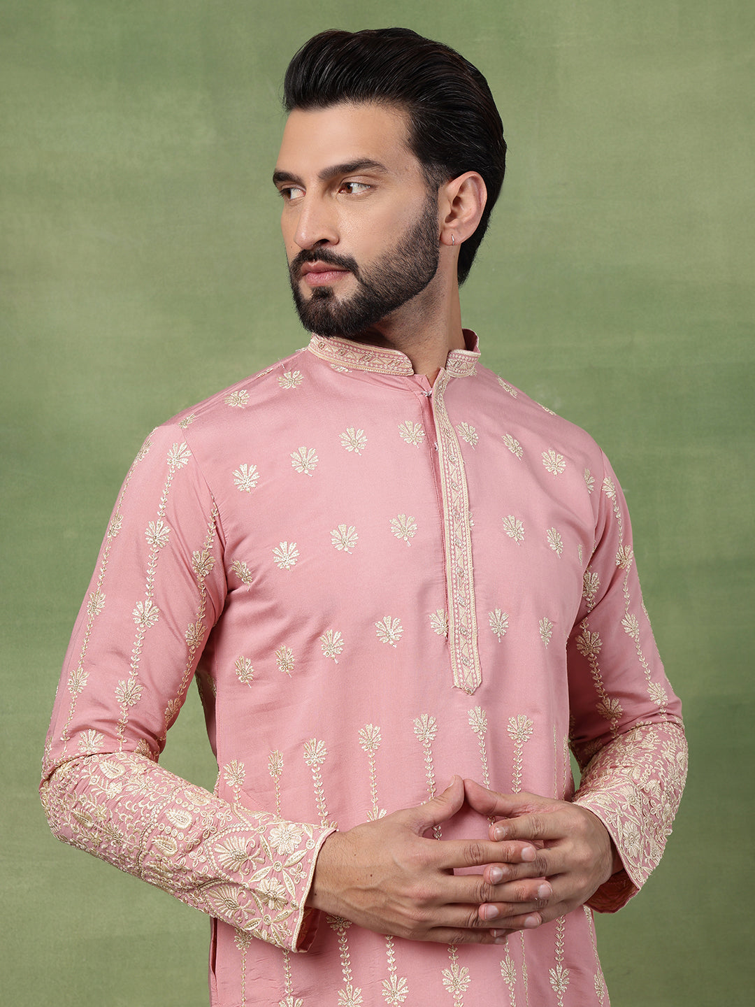 Men's Cotton Schiffli Embroidered Pink Long Kurta