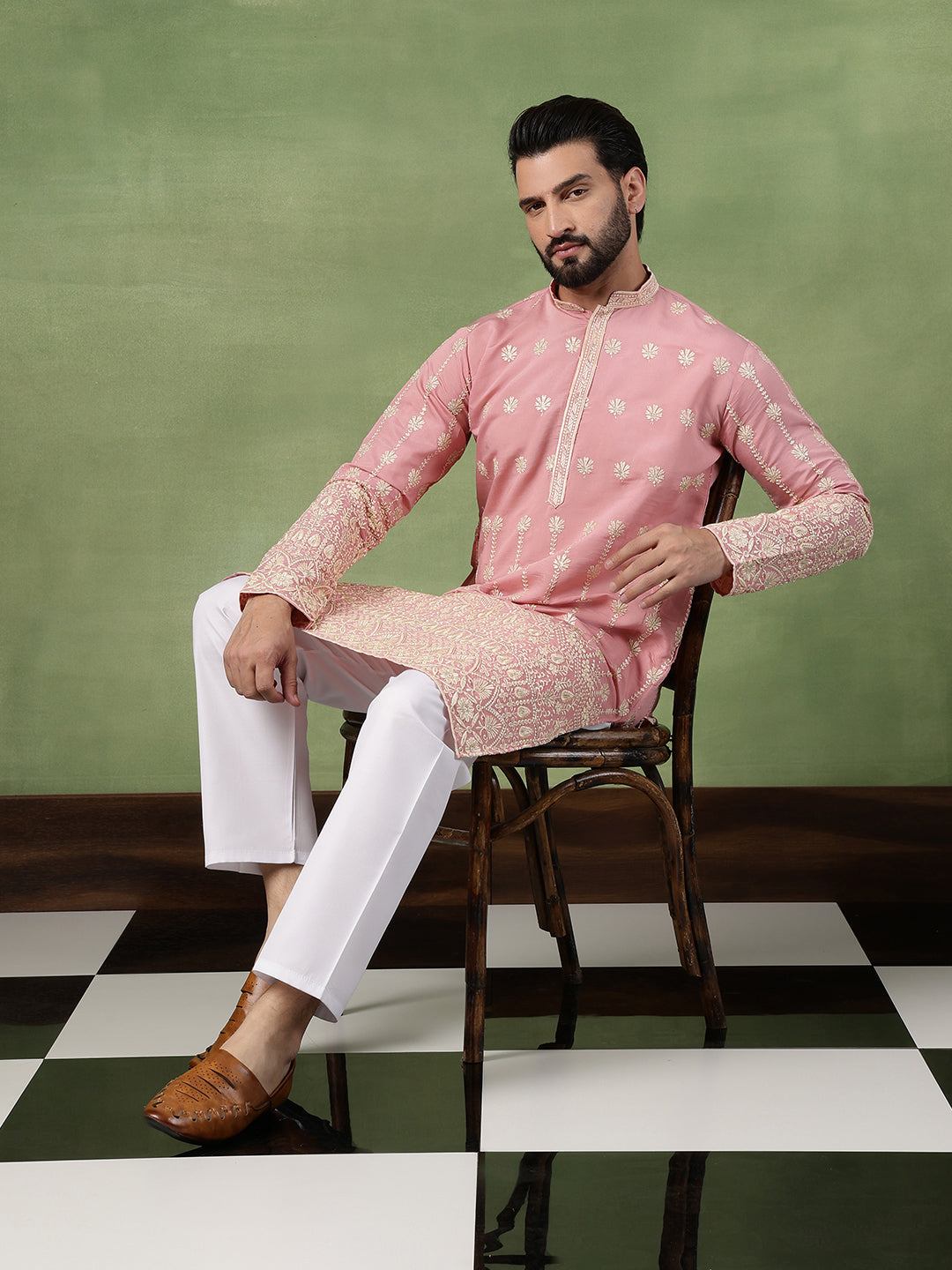 Men's Cotton Schiffli Embroidered Pink Long Kurta