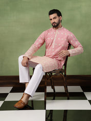 Men's Cotton Schiffli Embroidered Pink Long Kurta