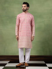 Men's Cotton Schiffli Embroidered Pink Long Kurta