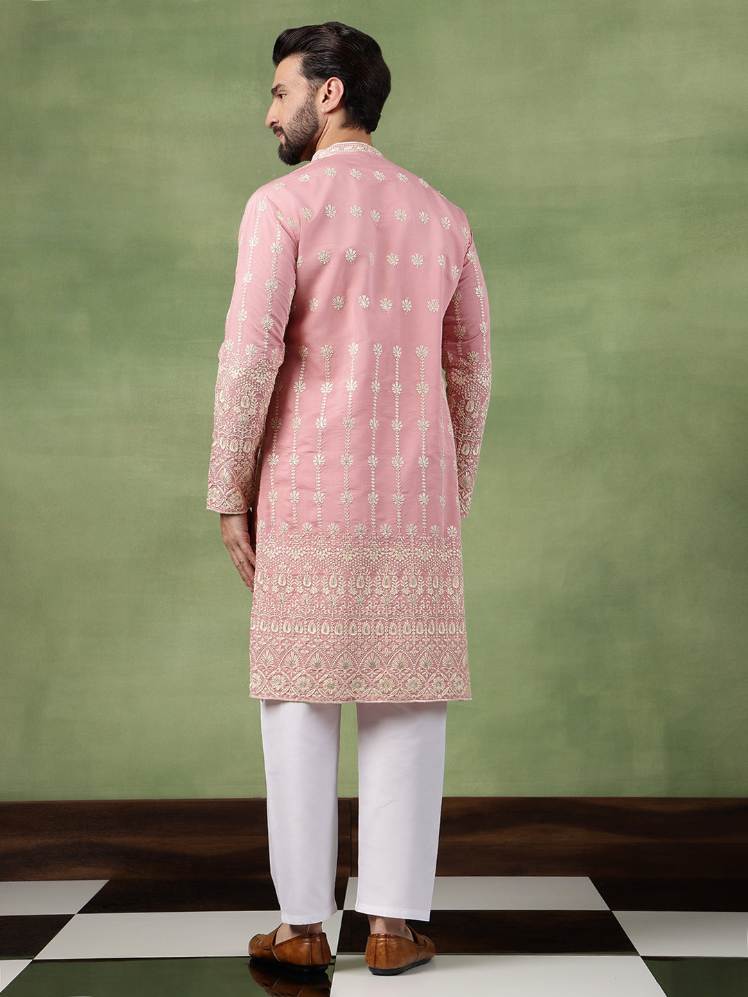 Men's Cotton Schiffli Embroidered Pink Kurta With Pyjama