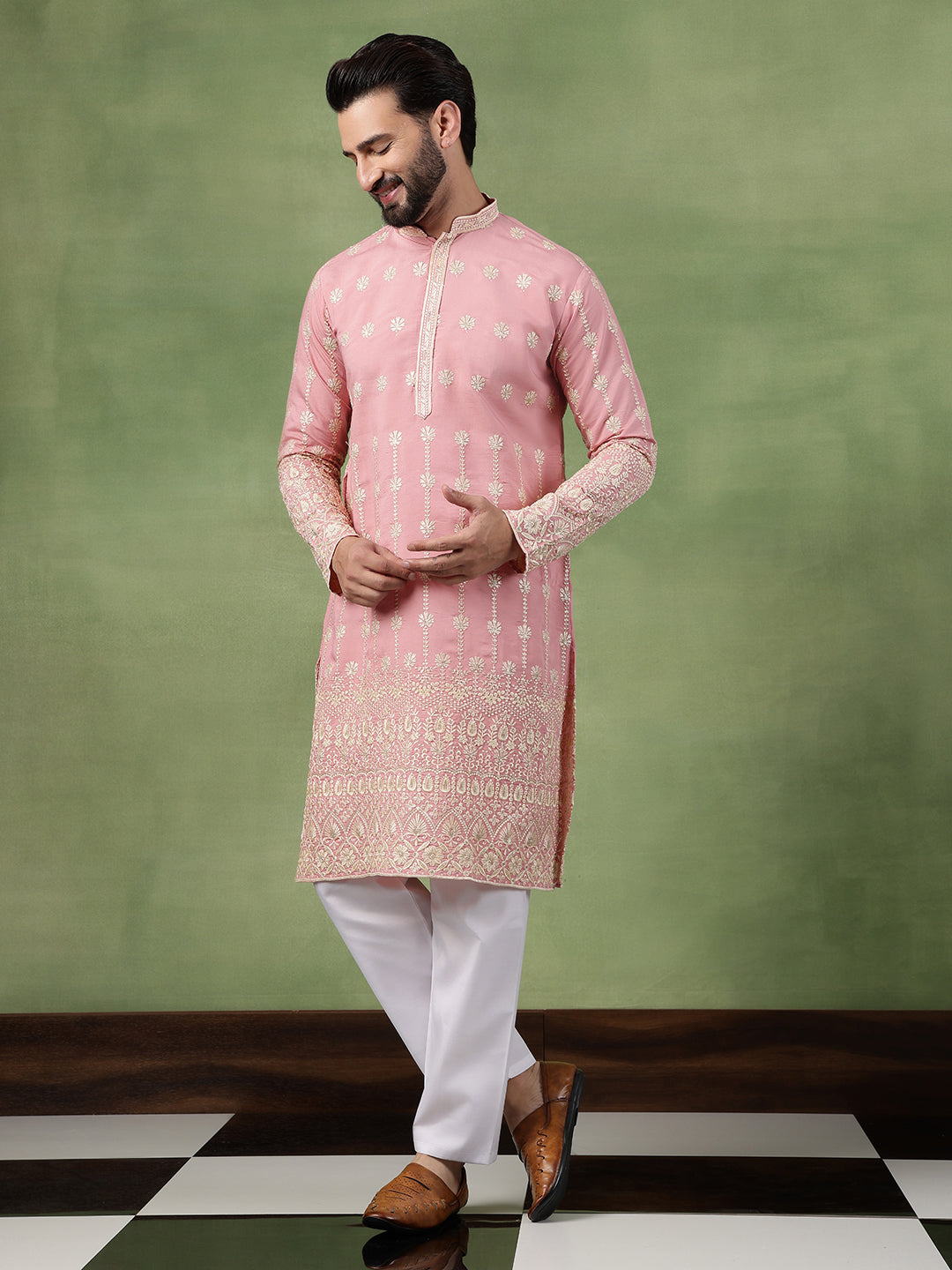 Men's Cotton Schiffli Embroidered Pink Kurta With Pyjama