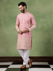 Men's Cotton Schiffli Embroidered Pink Kurta With Pyjama