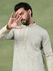 Men's Cotton Schiffli Embroidered Green Long Kurta
