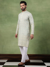 Men's Cotton Schiffli Embroidered Green Long Kurta