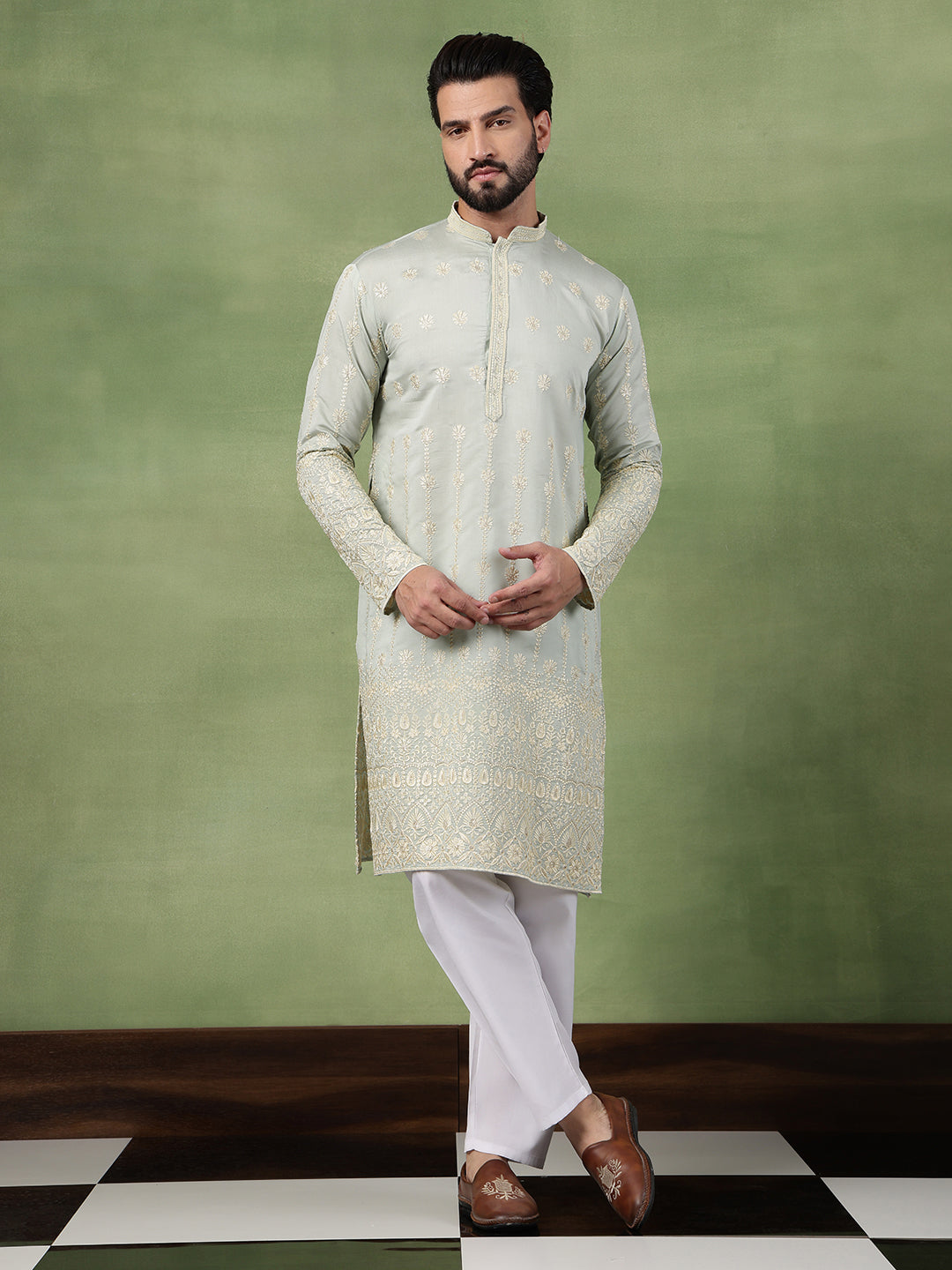 Men's Cotton Schiffli Embroidered Green Long Kurta