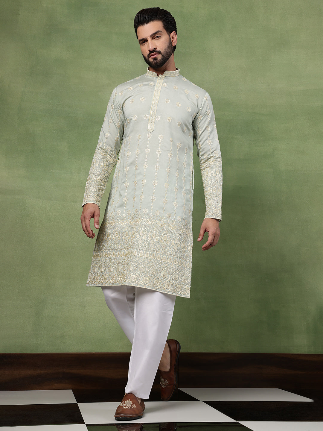 Men's Cotton Schiffli Embroidered Green Long Kurta