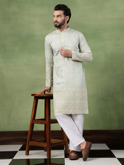 Men's Cotton Schiffli Embroidered Green Kurta With Pyjama