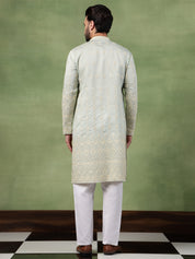 Men's Cotton Schiffli Embroidered Green Kurta With Pyjama