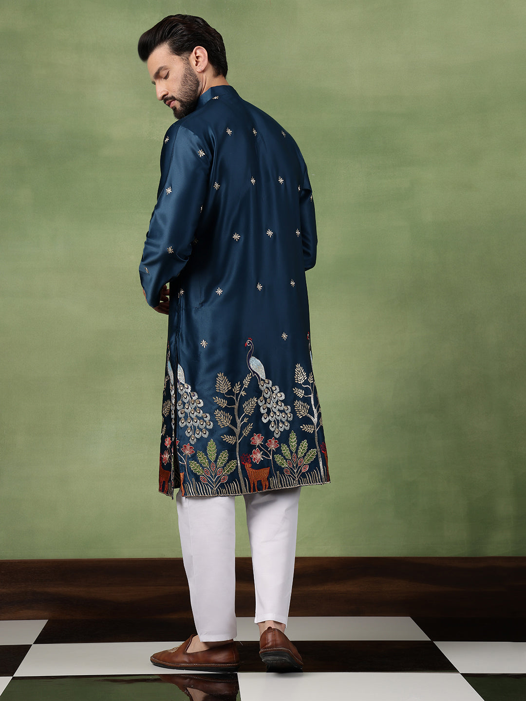 Men's Cotton Silk Flora & Fauna Embroidered Peacock Blue Long Kurta