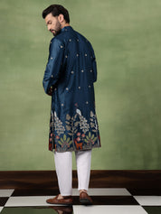 Men's Cotton Silk Flora & Fauna Embroidered Peacock Blue Long Kurta