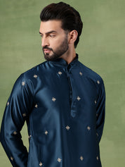 Men's Cotton Silk Flora & Fauna Embroidered Peacock Blue Long Kurta