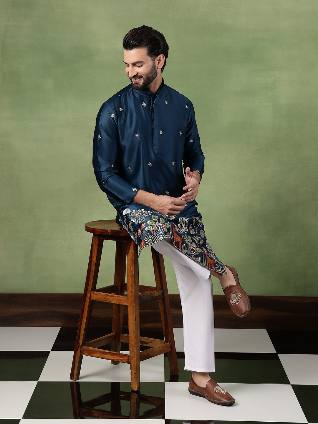 Men's Cotton Silk Flora & Fauna Embroidered Peacock Blue Long Kurta