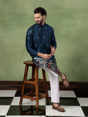 Men's Cotton Silk Flora & Fauna Embroidered Peacock Blue Long Kurta