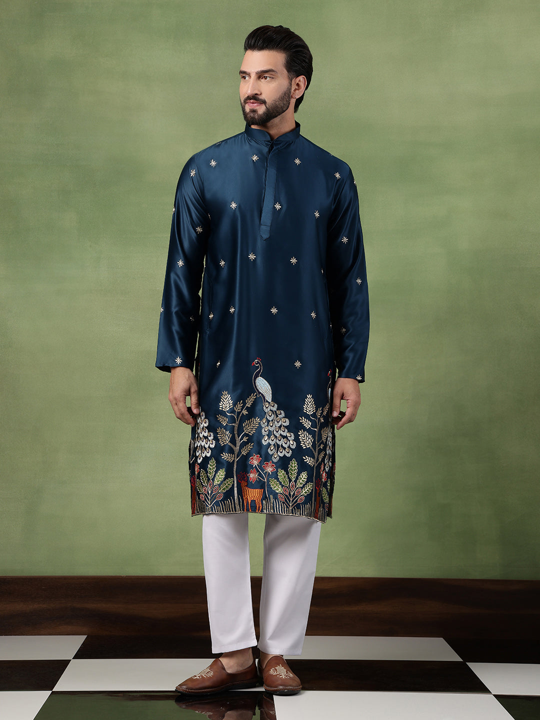 Men's Cotton Silk Flora & Fauna Embroidered Peacock Blue Long Kurta