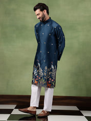 Men's Cotton Silk Flora & Fauna Embroidered Peacock Blue Kurta With Pyjama