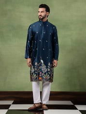 Men's Cotton Silk Flora & Fauna Embroidered Peacock Blue Kurta With Pyjama