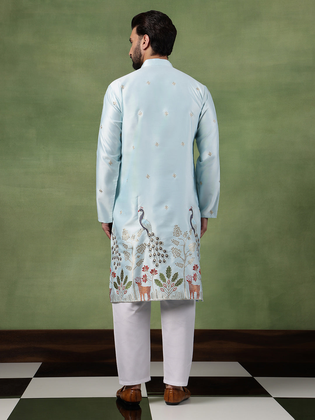 Men's Cotton Silk Flora & Fauna Embroidered Sky Blue Long Kurta