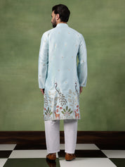 Men's Cotton Silk Flora & Fauna Embroidered Sky Blue Long Kurta