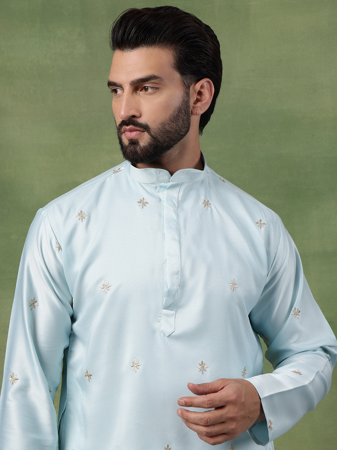 Men's Cotton Silk Flora & Fauna Embroidered Sky Blue Long Kurta