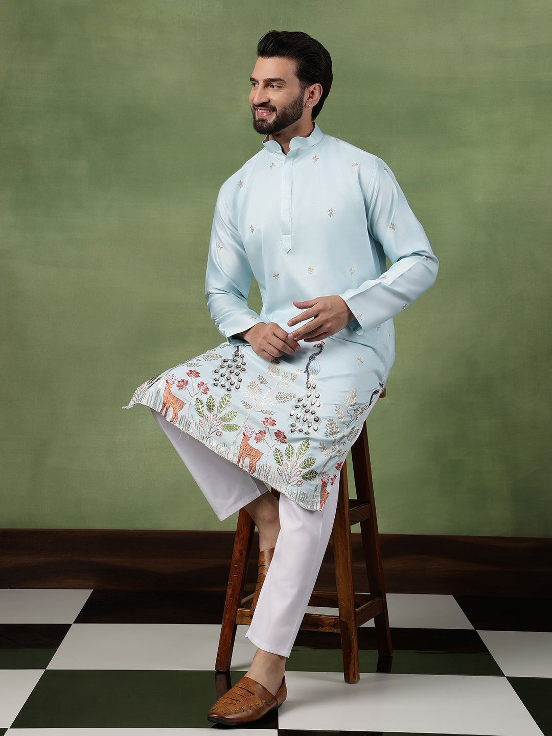 Men's Cotton Silk Flora & Fauna Embroidered Sky Blue Kurta With Pyjama
