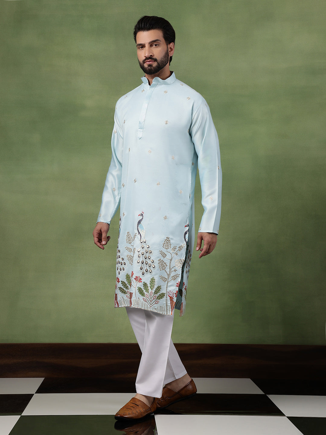 Men's Cotton Silk Flora & Fauna Embroidered Sky Blue Kurta With Pyjama