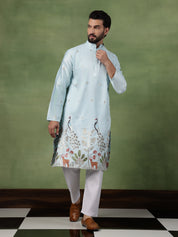 Men's Cotton Silk Flora & Fauna Embroidered Sky Blue Kurta With Pyjama