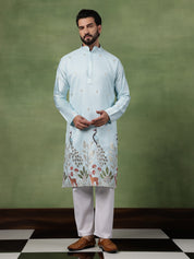 Men's Cotton Silk Flora & Fauna Embroidered Sky Blue Kurta With Pyjama