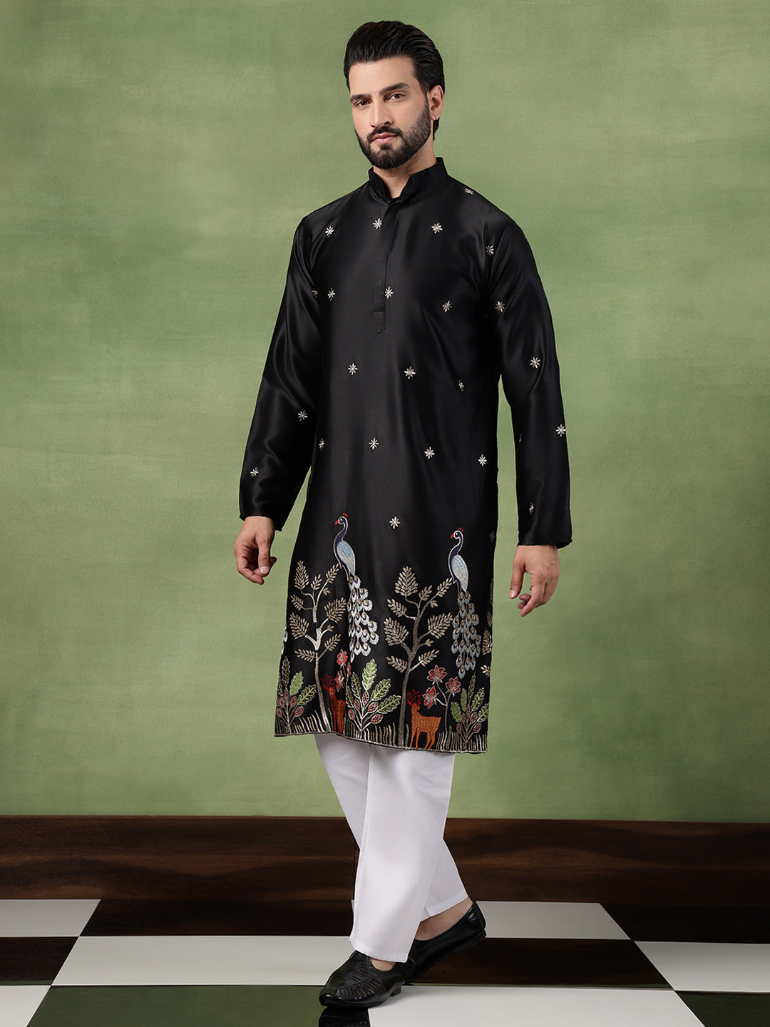 Men's Cotton Silk Flora & Fauna Embroidered Black Long Kurta