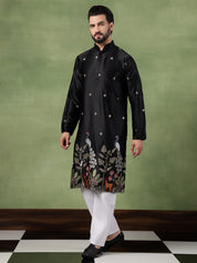 Men's Cotton Silk Flora & Fauna Embroidered Black Long Kurta