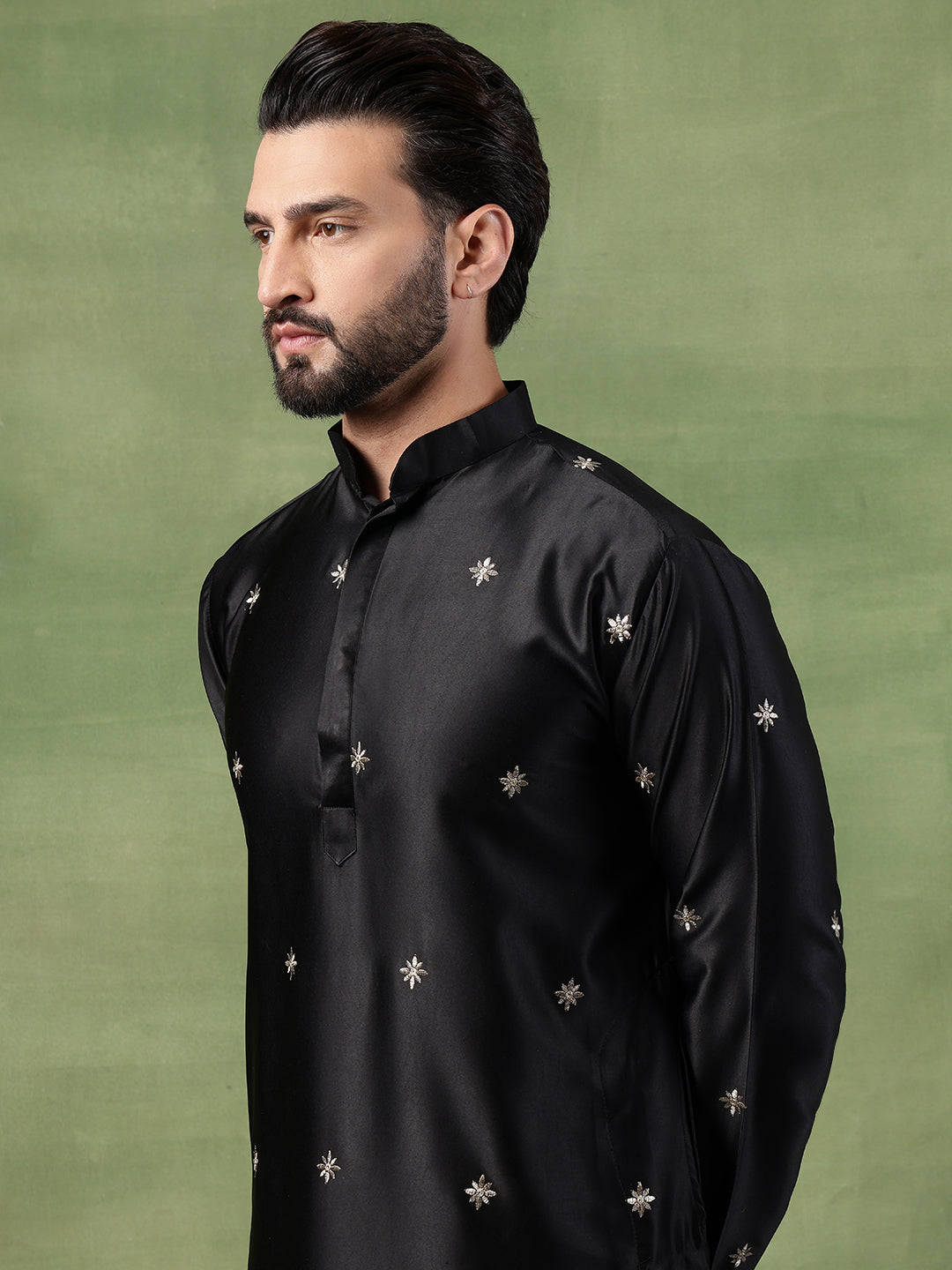 Men's Cotton Silk Flora & Fauna Embroidered Black Long Kurta
