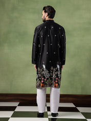 Men's Cotton Silk Flora & Fauna Embroidered Black Kurta With Pyjama