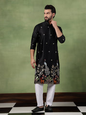 Men's Cotton Silk Flora & Fauna Embroidered Black Kurta With Pyjama