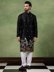 Men's Cotton Silk Flora & Fauna Embroidered Black Kurta With Pyjama