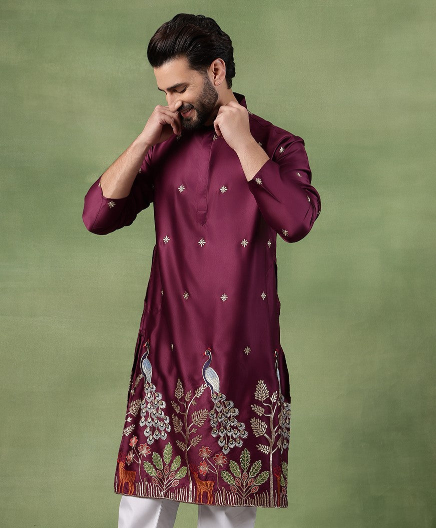 Men's Cotton Silk Flora & Fauna Embroidered Wine Long Kurta