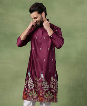 Men's Cotton Silk Flora & Fauna Embroidered Wine Long Kurta