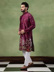 Men's Cotton Silk Flora & Fauna Embroidered Wine Long Kurta