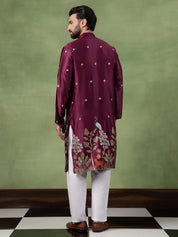 Men's Cotton Silk Flora & Fauna Embroidered Wine Long Kurta