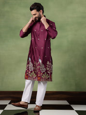 Men's Cotton Silk Flora & Fauna Embroidered Wine Kurta With Pyjama