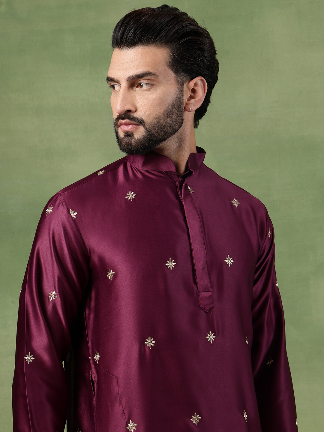 Men's Cotton Silk Flora & Fauna Embroidered Wine Kurta With Pyjama