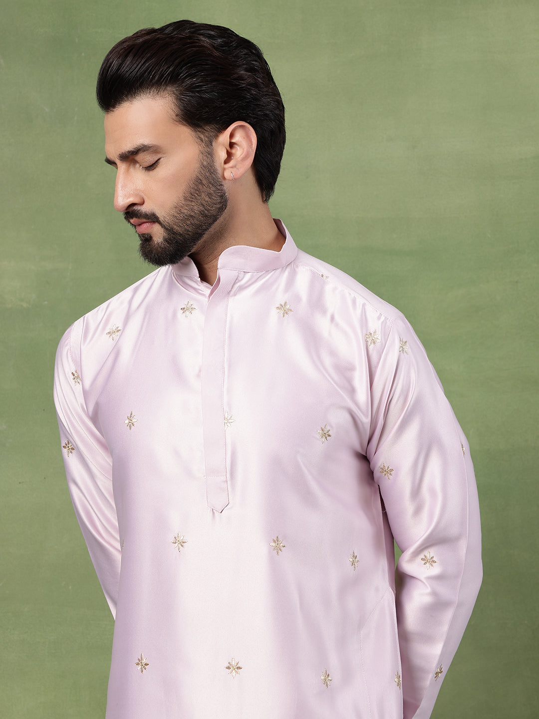 Men's Cotton Silk Flora & Fauna Embroidered Pink Long Kurta