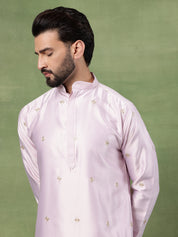 Men's Cotton Silk Flora & Fauna Embroidered Pink Long Kurta