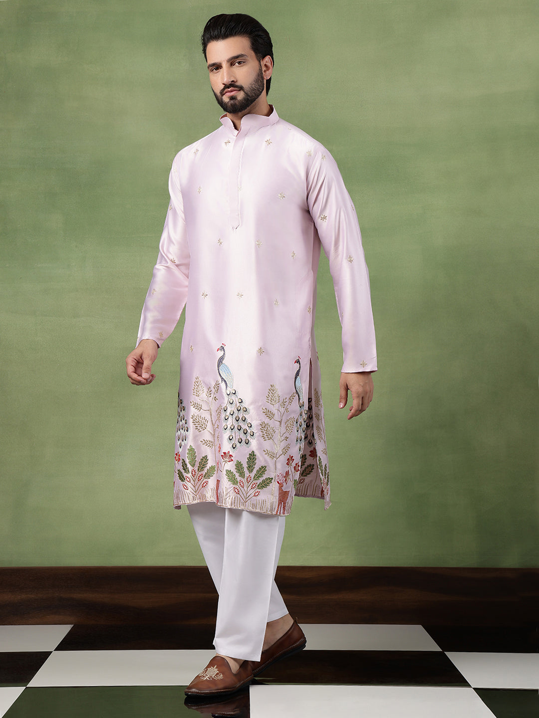 Men's Cotton Silk Flora & Fauna Embroidered Pink Long Kurta