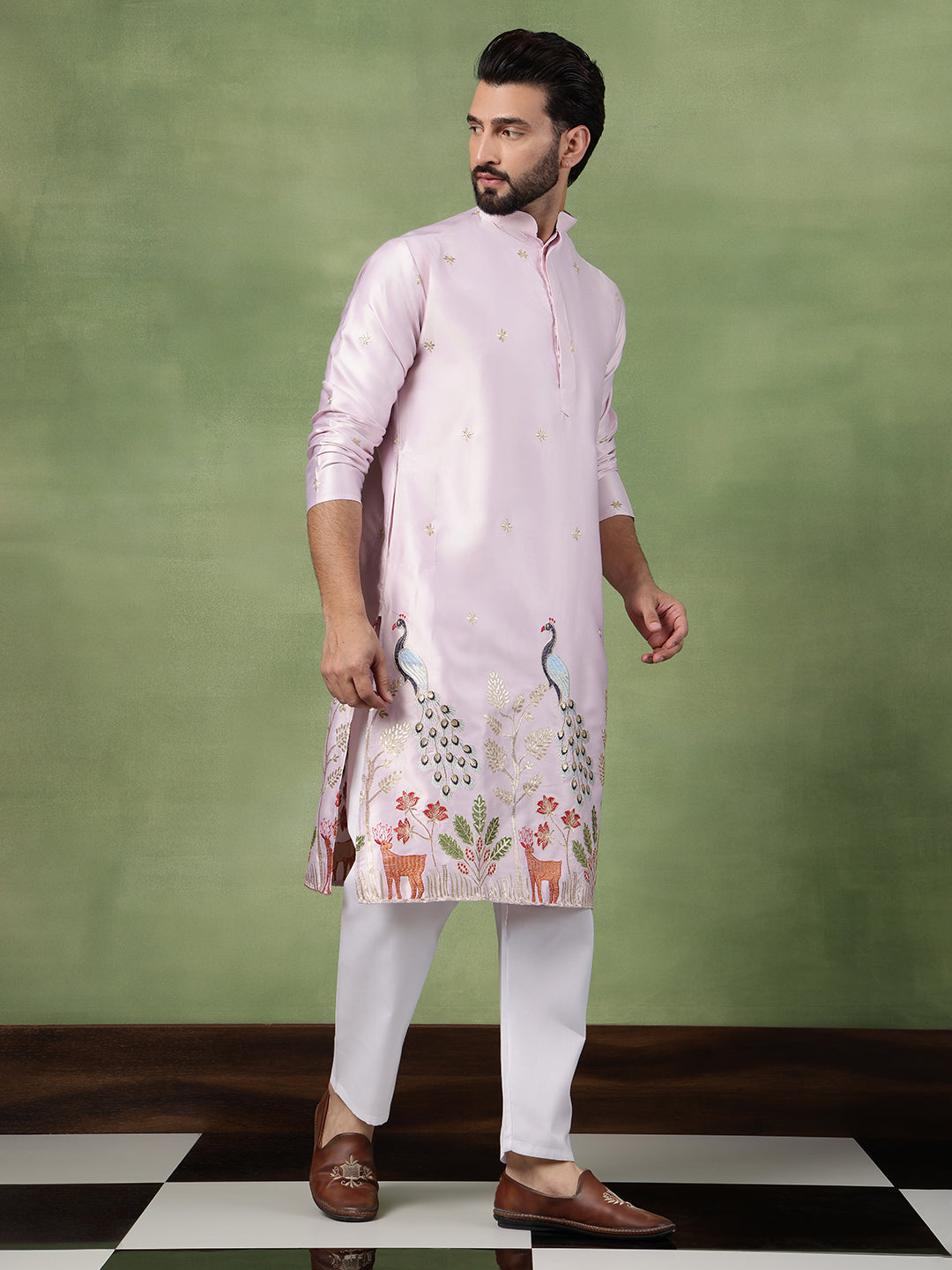 Men's Cotton Silk Flora & Fauna Embroidered Pink Kurta With Pyjama