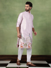 Men's Cotton Silk Flora & Fauna Embroidered Pink Kurta With Pyjama