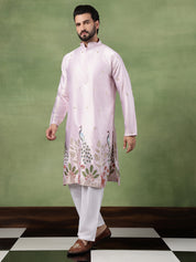 Men's Cotton Silk Flora & Fauna Embroidered Pink Kurta With Pyjama