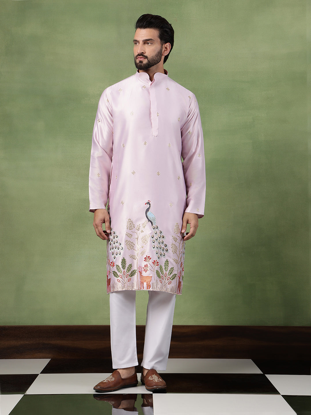 Men's Cotton Silk Flora & Fauna Embroidered Pink Kurta With Pyjama