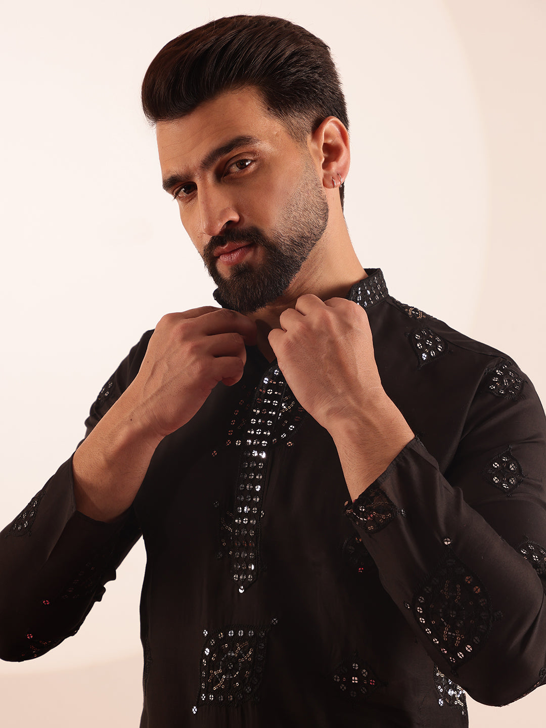 Men's Cotton Silk Boota Mirror Embroidered Black Only Long Kurta